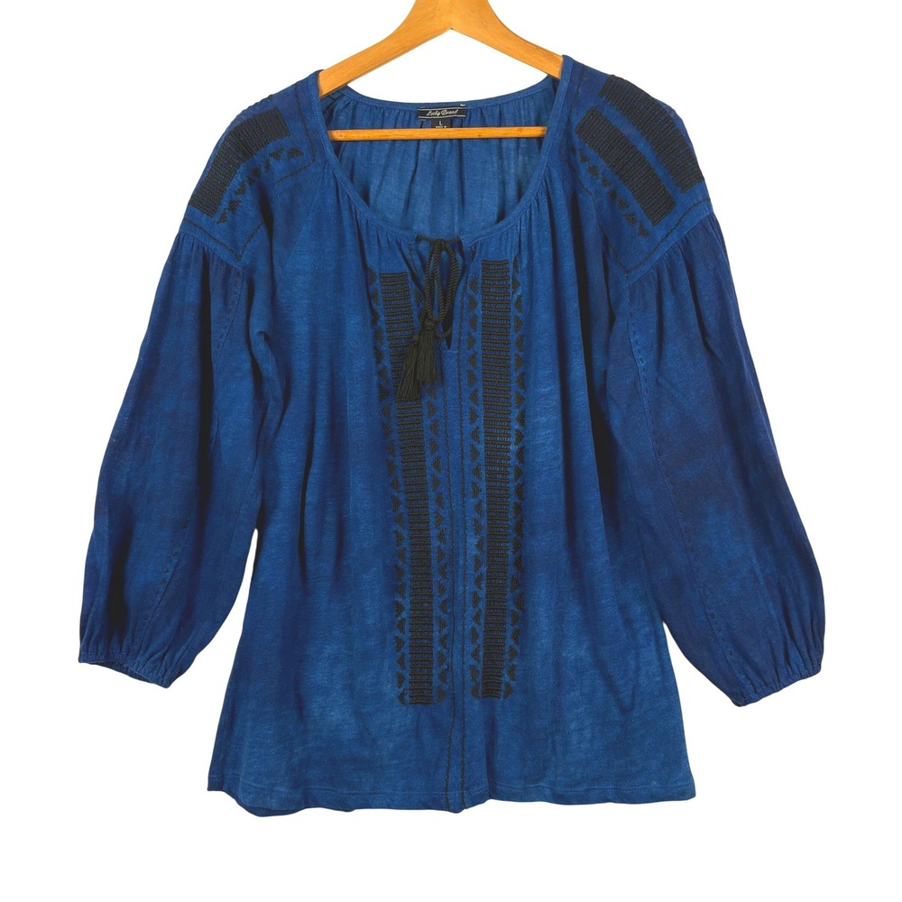Lucky Brand Women Boho Festival Embroidered Peasant Blouse Top Sz L Blue Coastal